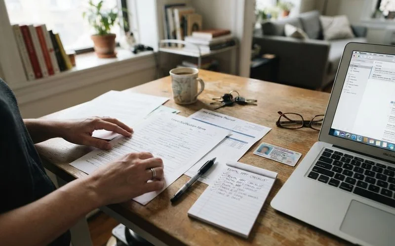 A stack of paperwork including a government ID, pay stubs, and a signed lease agreement on a leasing office desk