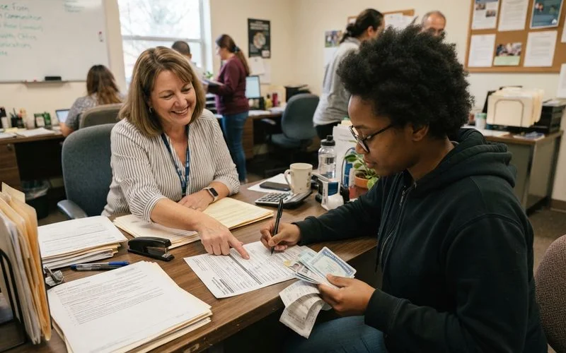 A person filling out a housing assistance application form at a table with documents and a calculator nearby