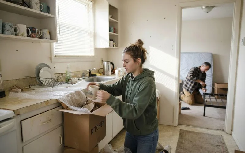 A parent and college-age student unpacking moving boxes in a new apartment near a university