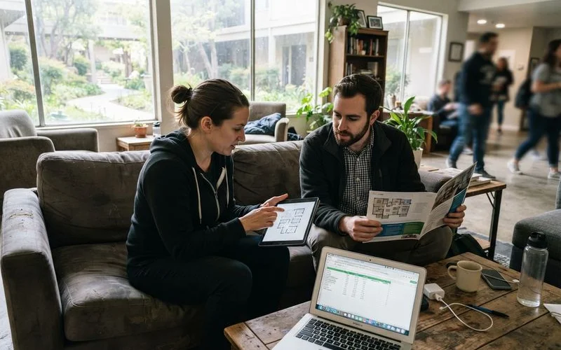 Renters comparing two apartment complex listings side by side on a laptop while sitting in a Dallas coffee shop