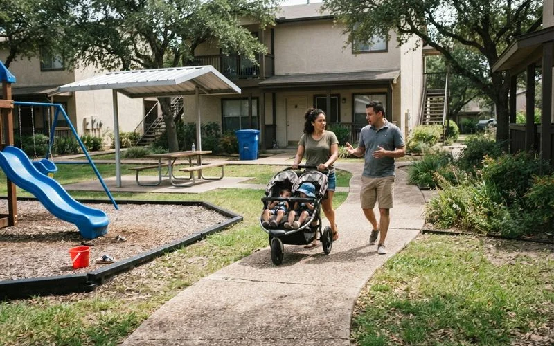 A family walking through a garden-style apartment community courtyard with a playground and green space visible