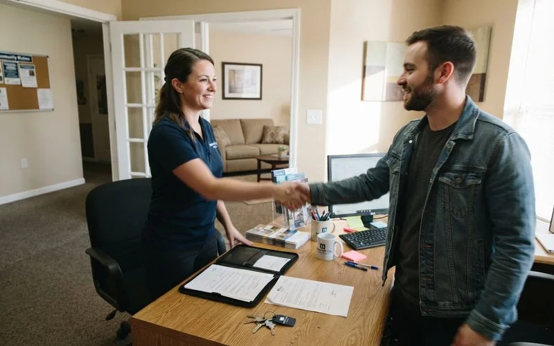 Someone quickly touring an apartment with a leasing agent and signing paperwork on the same day
