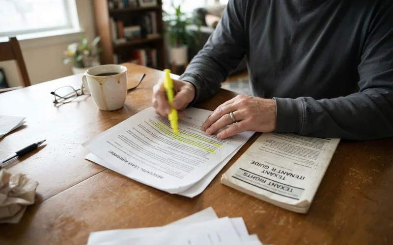 A tenant reviewing a lease agreement and taking notes at a kitchen table with a laptop nearby