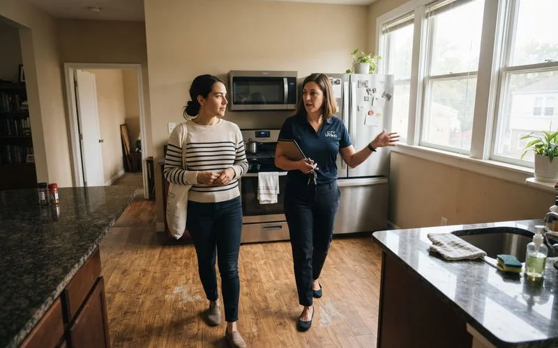 A leasing agent walking a prospective renter through an apartment unit, pointing out kitchen and living room features