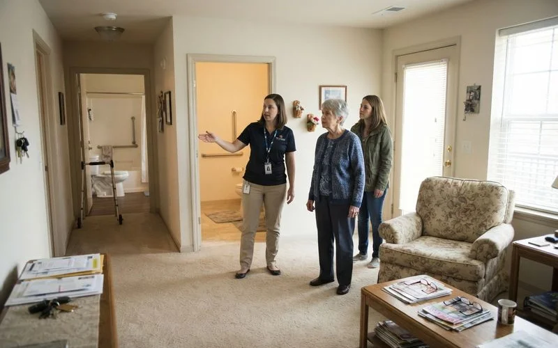 An adult child and an older parent walking through a senior living community courtyard with a leasing agent