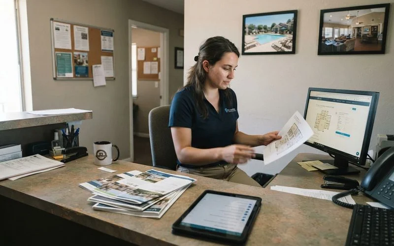 A leasing office consultant reviewing apartment listing data on a monitor next to a printed Dallas neighborhood map